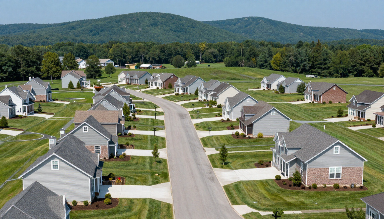 New Centerton Arkansas subdivision streets with Ozark hills behind — homes on septic systems