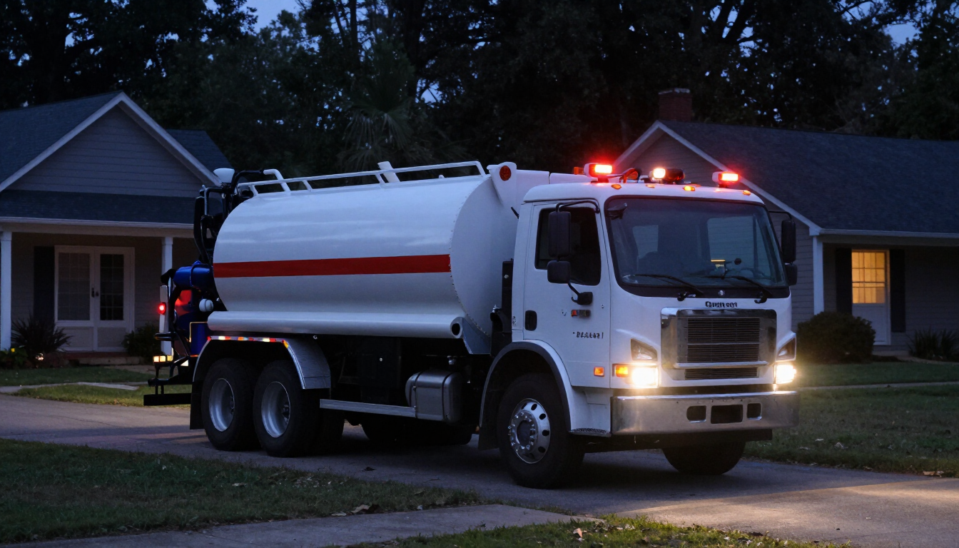 Septic pump truck responding to an emergency call at dusk in a Centerton, Arkansas neighborhood