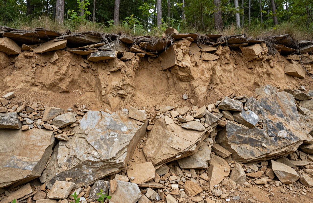 Thin rocky Ozark topsoil over fractured karst limestone in northwest Arkansas