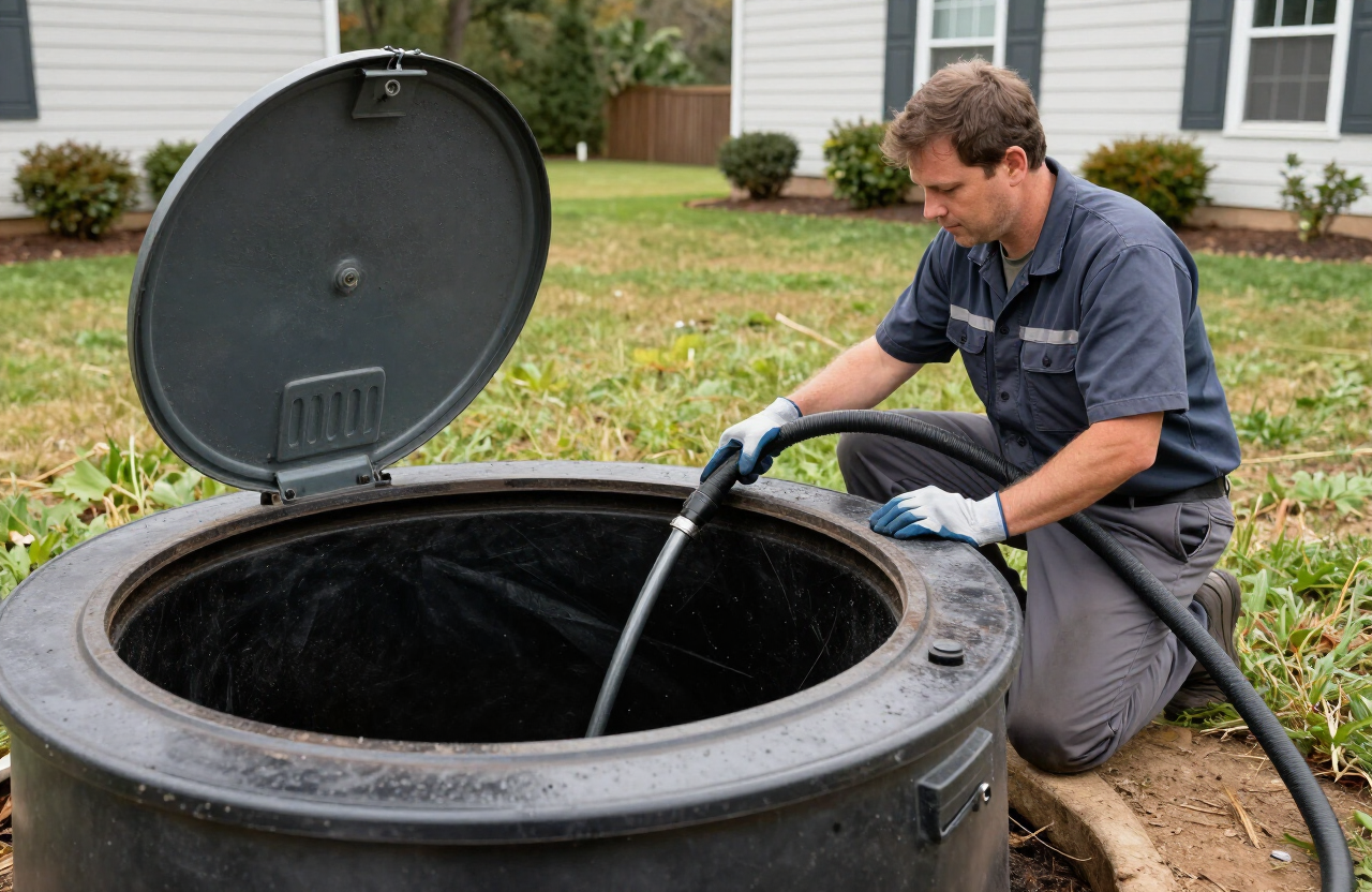 Septic technician inspecting an open septic tank lid during a pump-out in Centerton, Arkansas